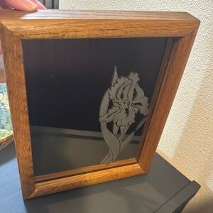 VTG Oak Framed Mirror with Floral Etched Art
